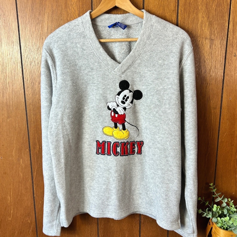 Disney Mickey Mouse Gray Fleece V Neck Sweatshirt Pullover Size Large‎